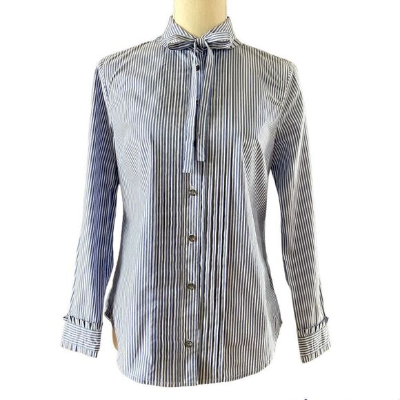 J. Crew Striped Ruffle Tuxedo Neck Tie Blouse 4P - Picture 4 of 11